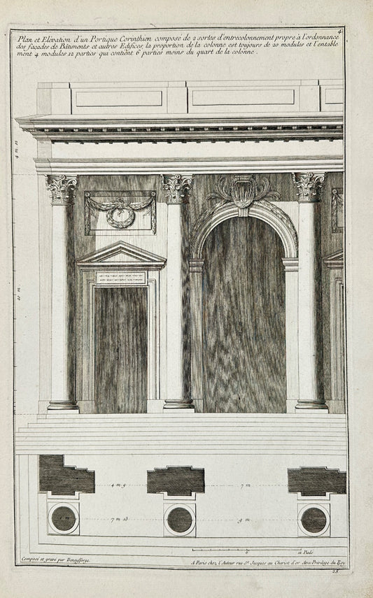 Antique Architectural Print - Elevation of a Corinthian Portico - France - F4