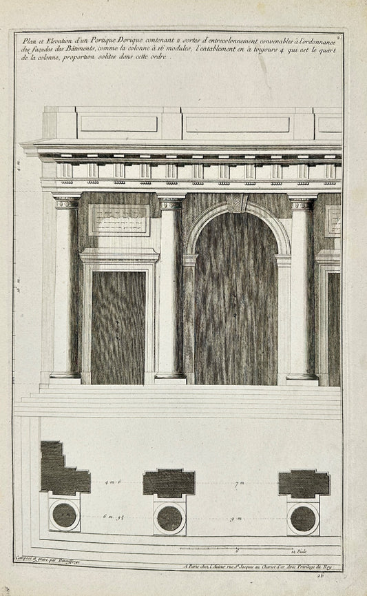 Antique Architectural Print - Plan and Elevation of a Doric Portico - F4