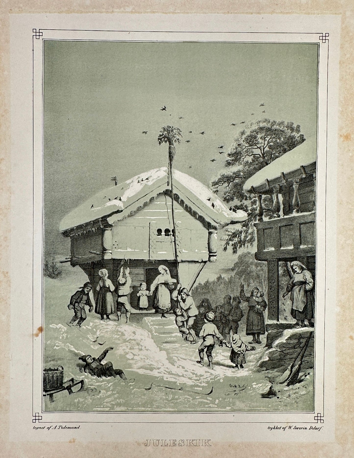 Antique Landscape Print - Adolph Tidemand - Christmas skiing - Norway - F4